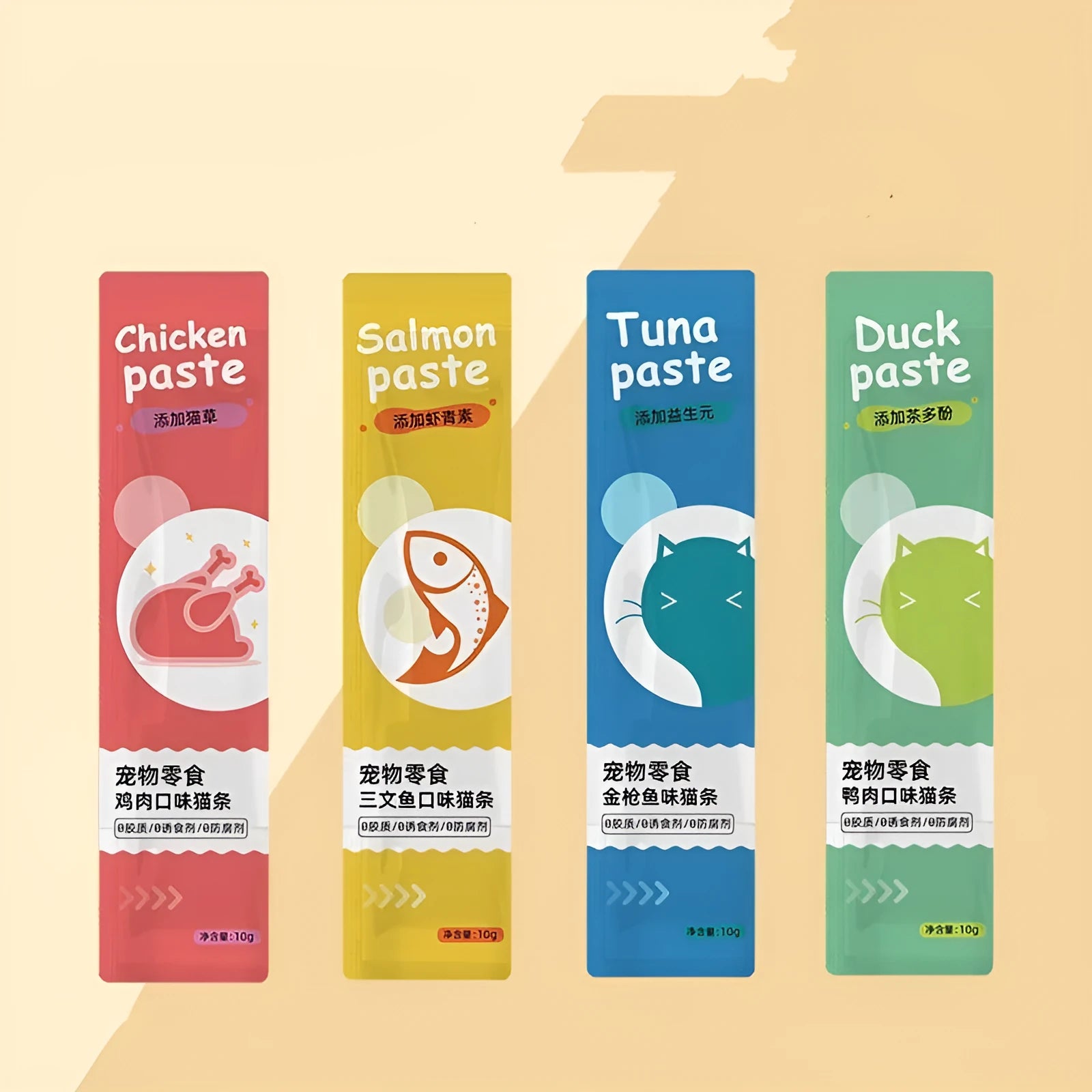 10-piece pack of cat strip snacks for kittens with four flavour options