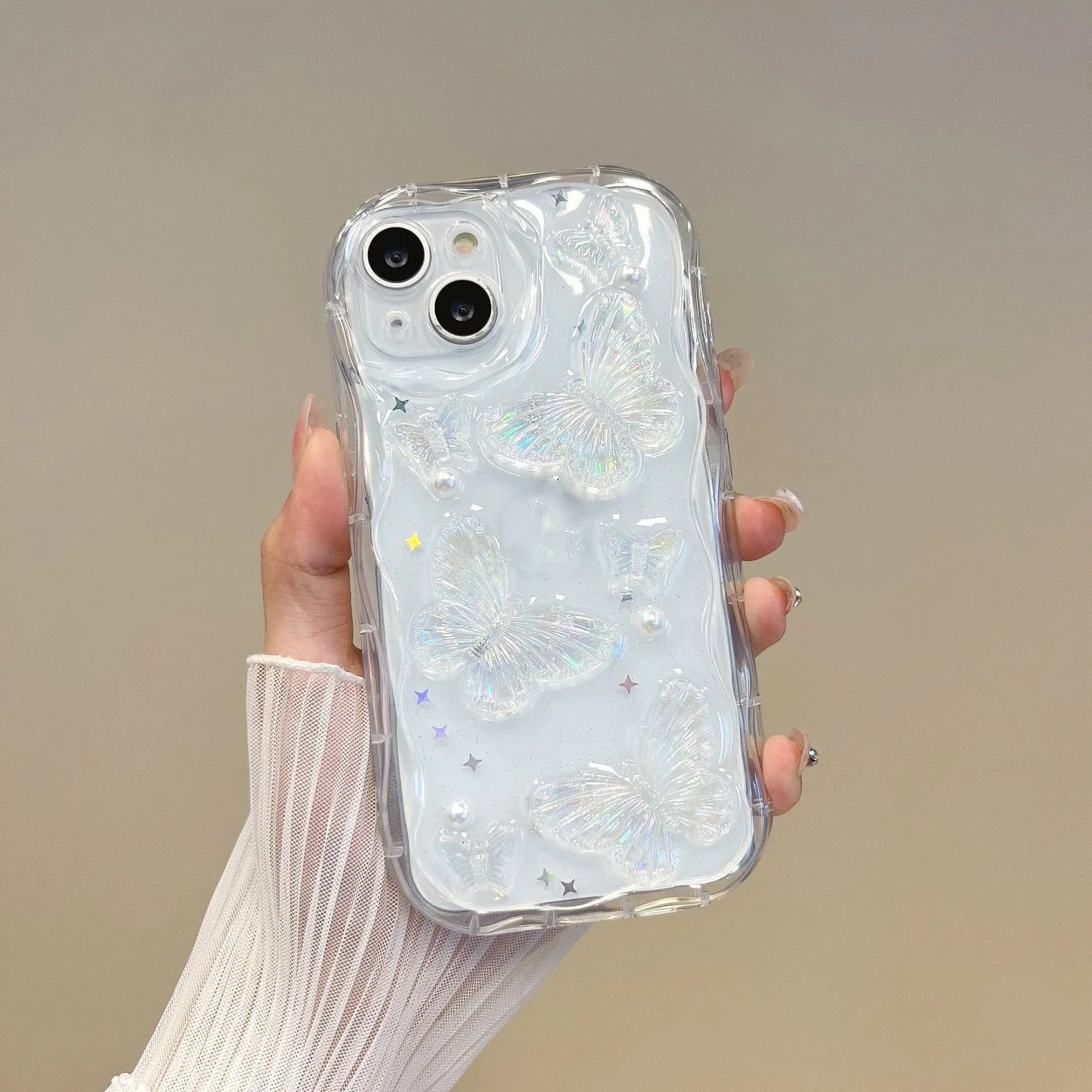 Three-dimensional butterfly phone case in transparent silicone with raised epoxy decoration for iPhone