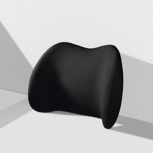 Black memory cotton car headrest cushion and lower back support cushion on a car seat.