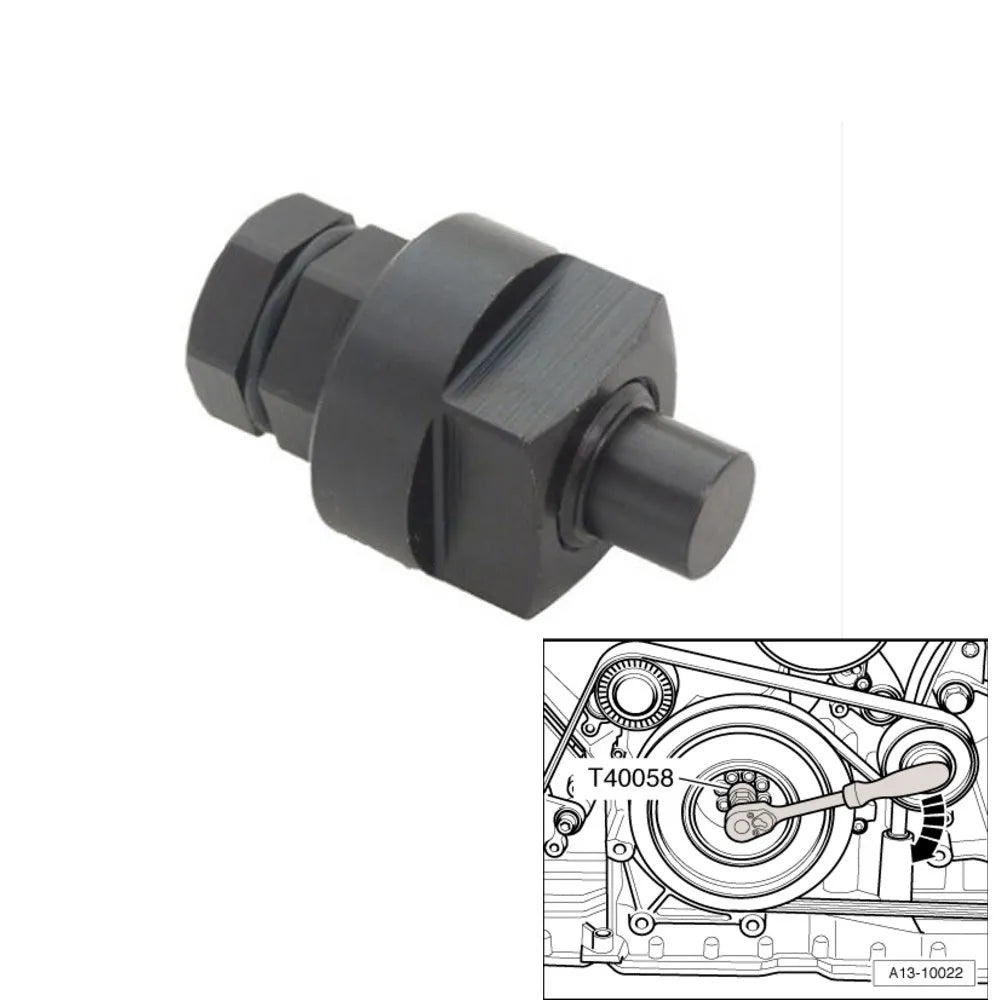 Aodi T40058 crankshaft rotating sleeve timing tool with adapter showing directional arrows and diameter variations