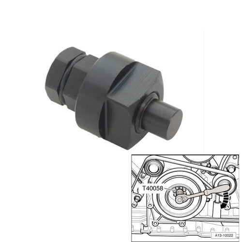 Aodi T40058 crankshaft rotating sleeve timing tool with adapter showing directional arrows and diameter variations