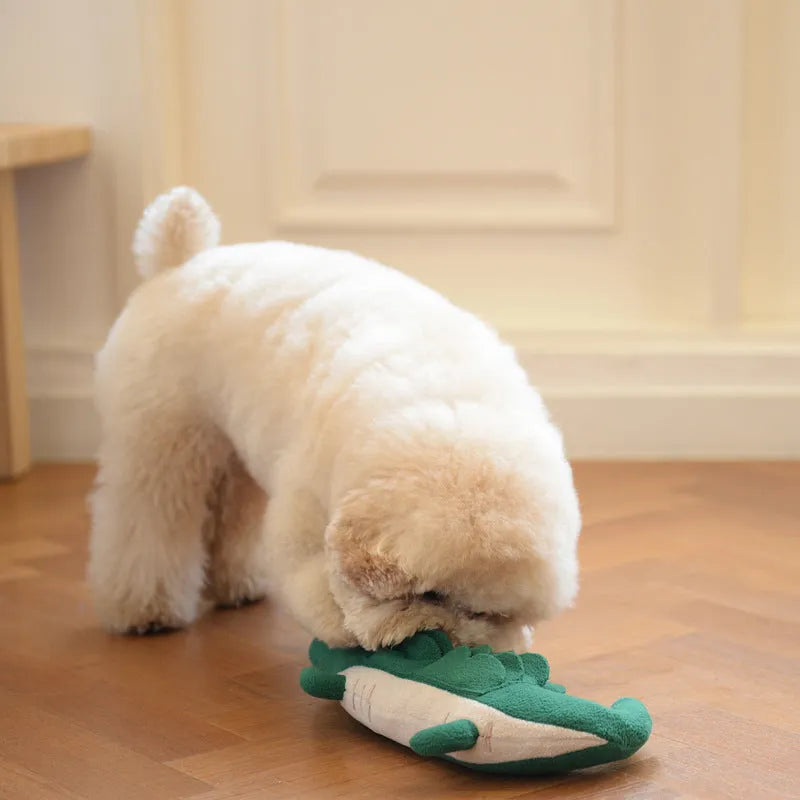 Green plush dog toy on a white background showing its 35cm height and soft fabric texture.