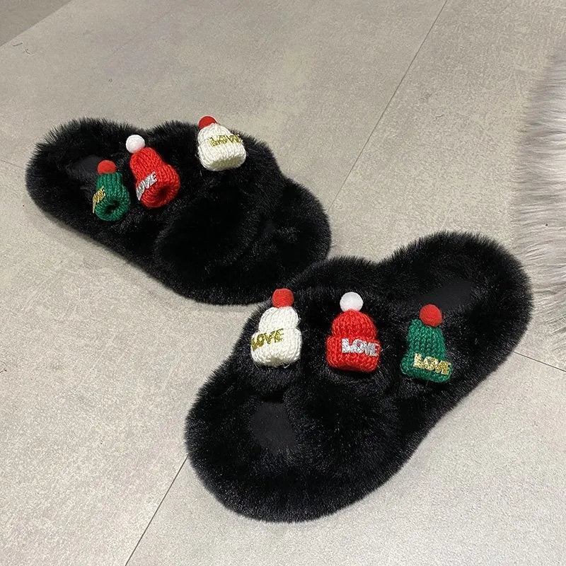 Women's Christmas hat design slippers with hairy plush cuff, cotton lining, and rubber sole.