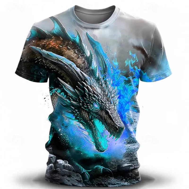 Men's grey T-shirt with 3D printed wind dragon design, short sleeves, and pullover style