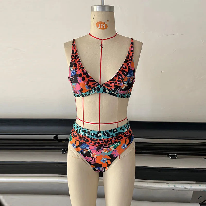 Women's floral print high-waist bikini set in polyester fabric for swimming