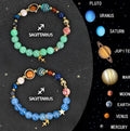 A set of two natural stone beaded bracelets on a stretch cord, representing zodiac signs.
