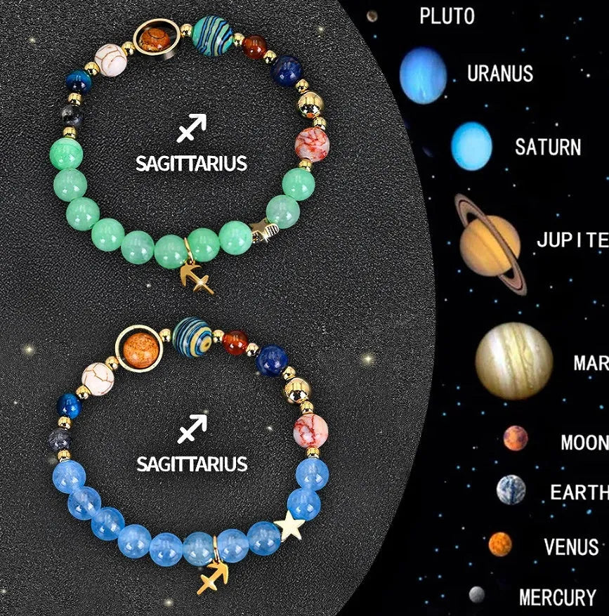 A set of two natural stone beaded bracelets on a stretch cord, representing zodiac signs.