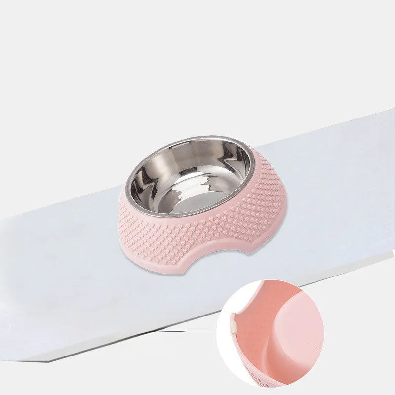 Set of four coloured stainless steel pet bowls with a non-slip base for cats and dogs.