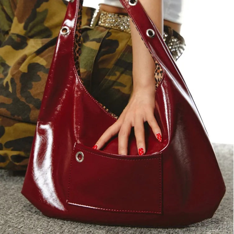 Red leopard print retro shoulder bag made of PU leather with a dumpling shape.