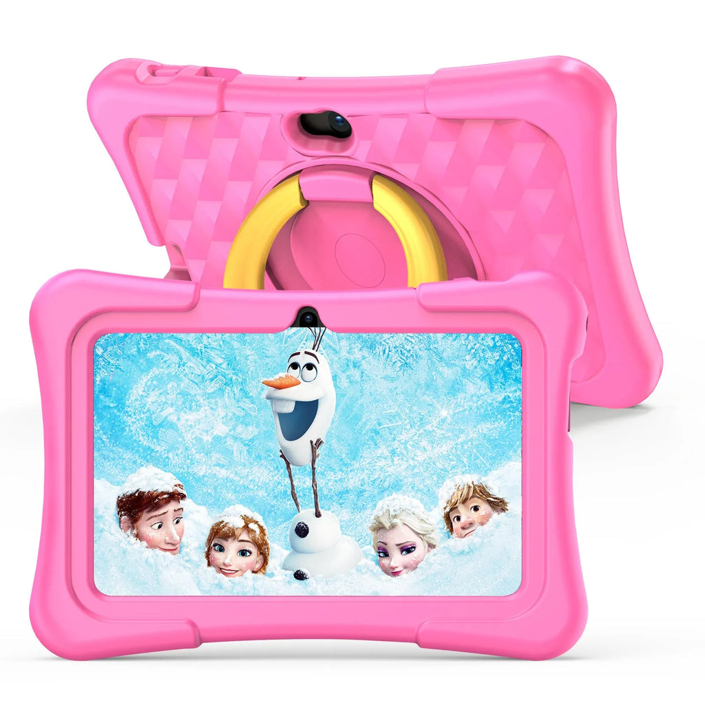 Blue and pink 7-inch children's tablet with silicone cover and rotating handle on a table.