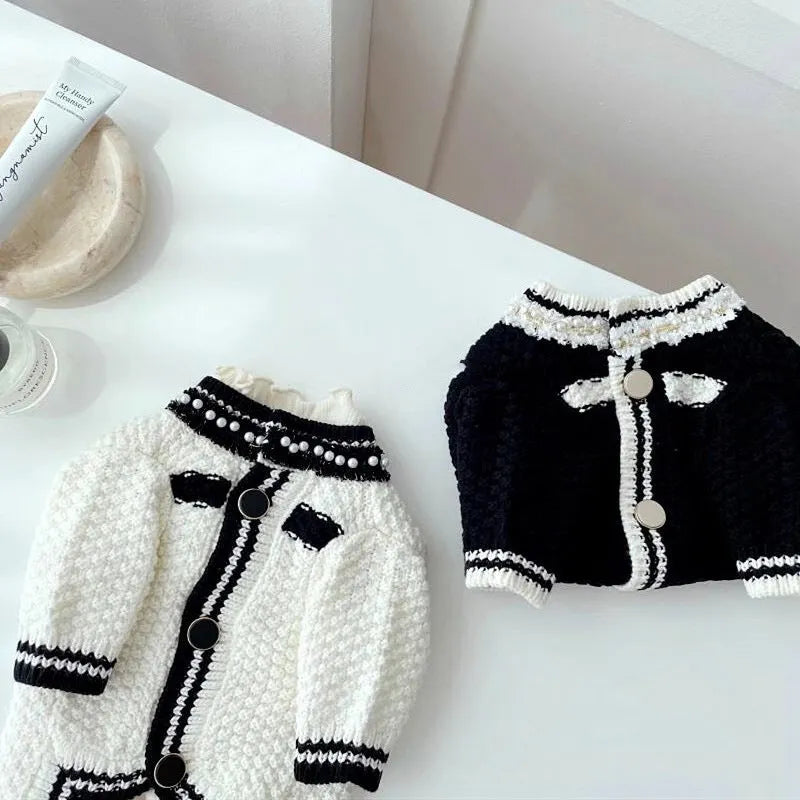 Korean style puppy sweater with pearl collar in black or white colour for small dogs