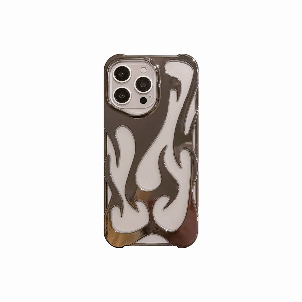 Electroplated hollow flame pattern soft TPU phone case for Apple iPhone in silver finish.