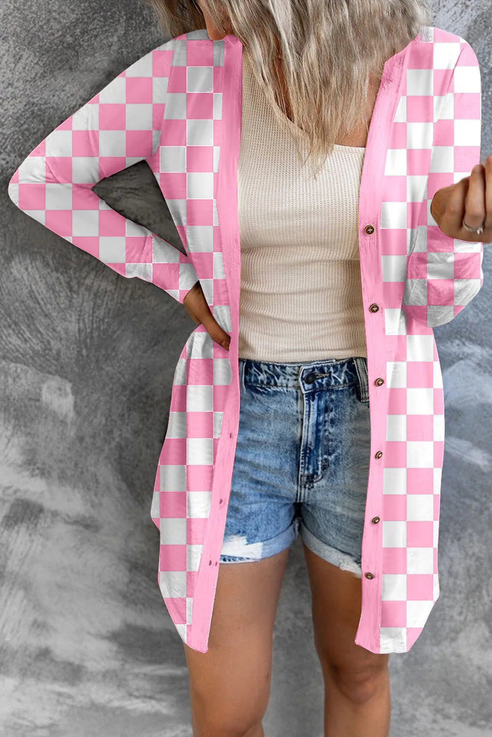 Women's long grey plaid coat cardigan with loose knitted design and regular sleeves