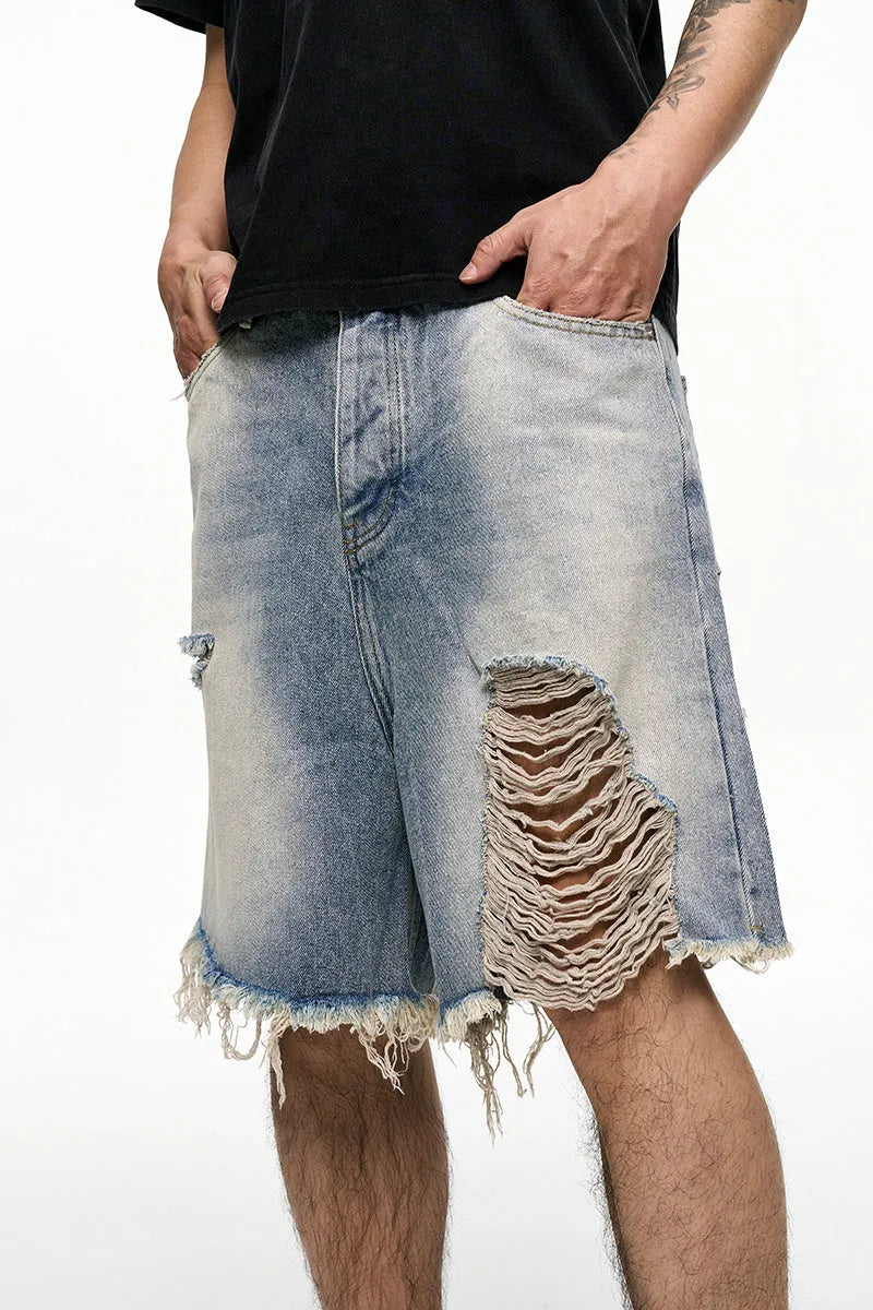 Men's light blue retro washed denim shorts with baggy wide-leg design and fifth pants length