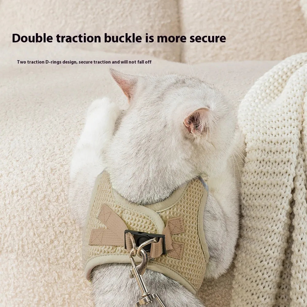 Brown waffle cloth cat harness with chest strap and integrated hand holding rope