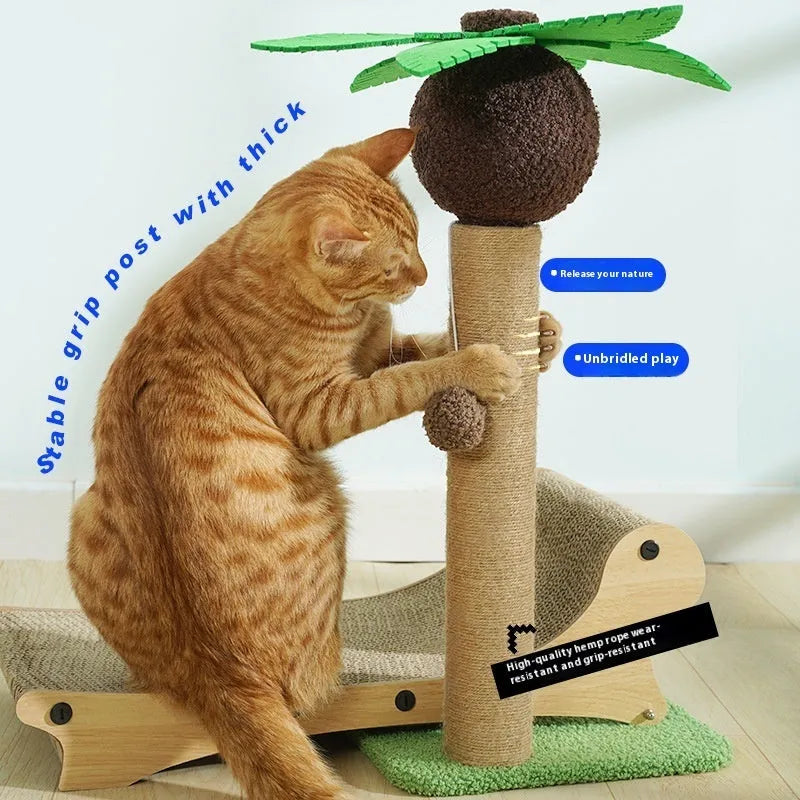 Solid wood beach chair style cat climbing frame with integrated hideaway nest and hemp-wrapped scratching column.