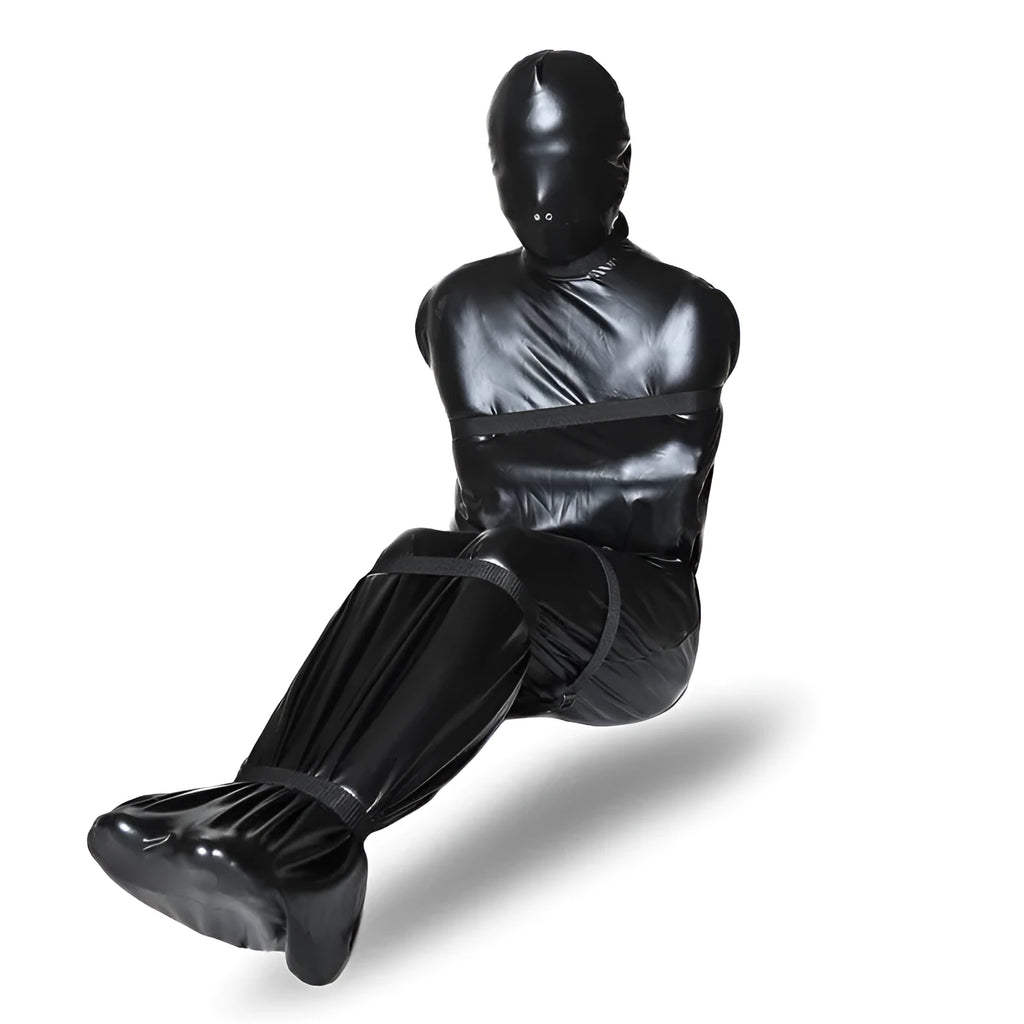 Black patent leather bondage set with harness and six ratchet tie-down straps