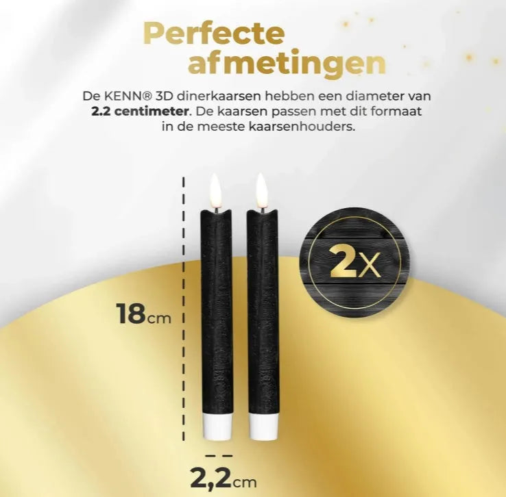 Black LED taper candle with realistic 3D flame effect, 18cm height