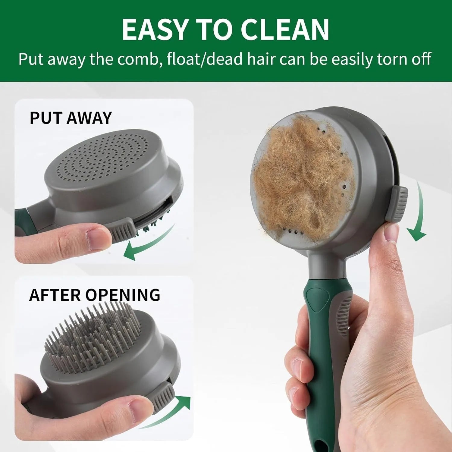 Two-sided silicone cat hair brush showing retractable slicker brush and octopus-teethed massager sides on green background