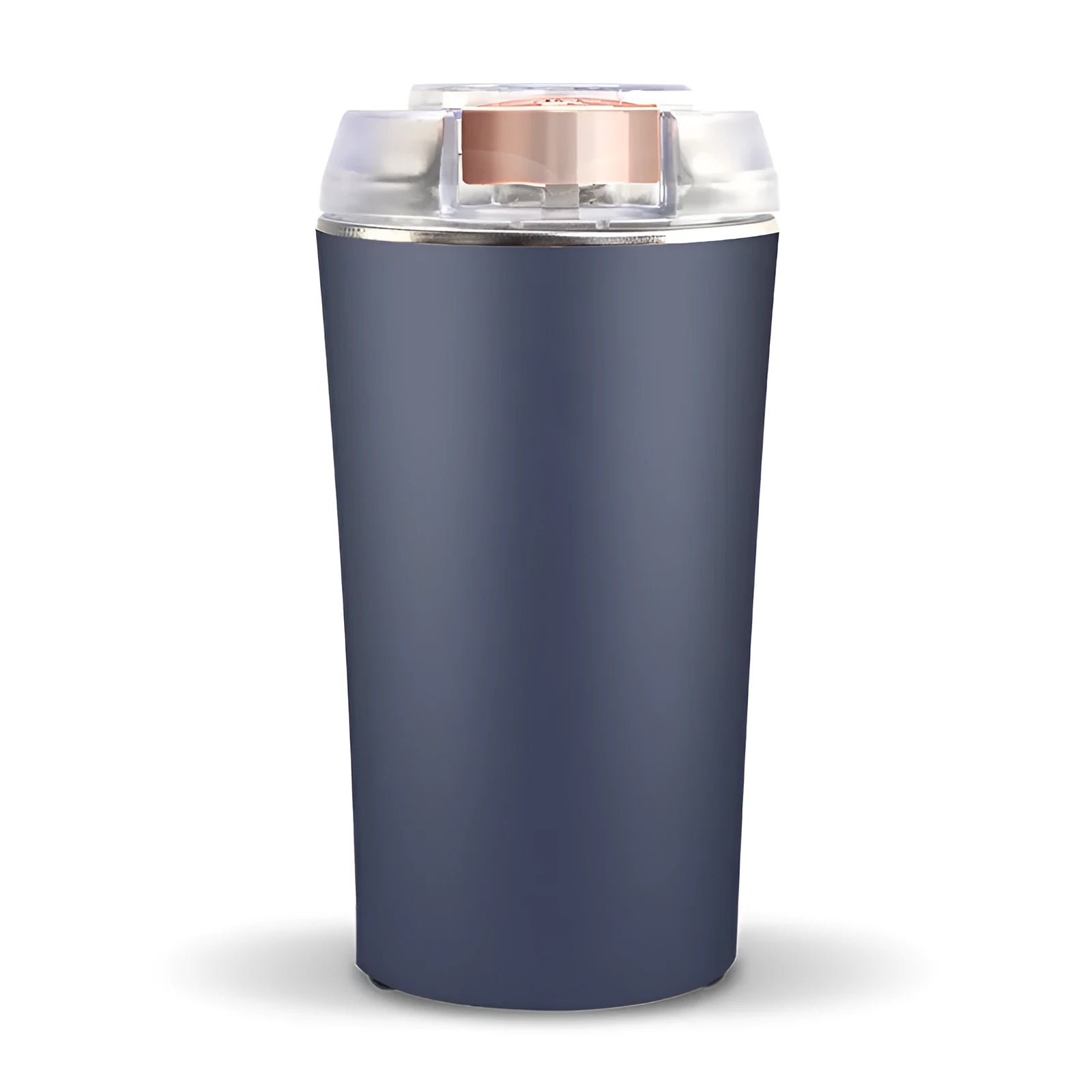 Blue mini flour mill and grain grinder appliance on a kitchen countertop.