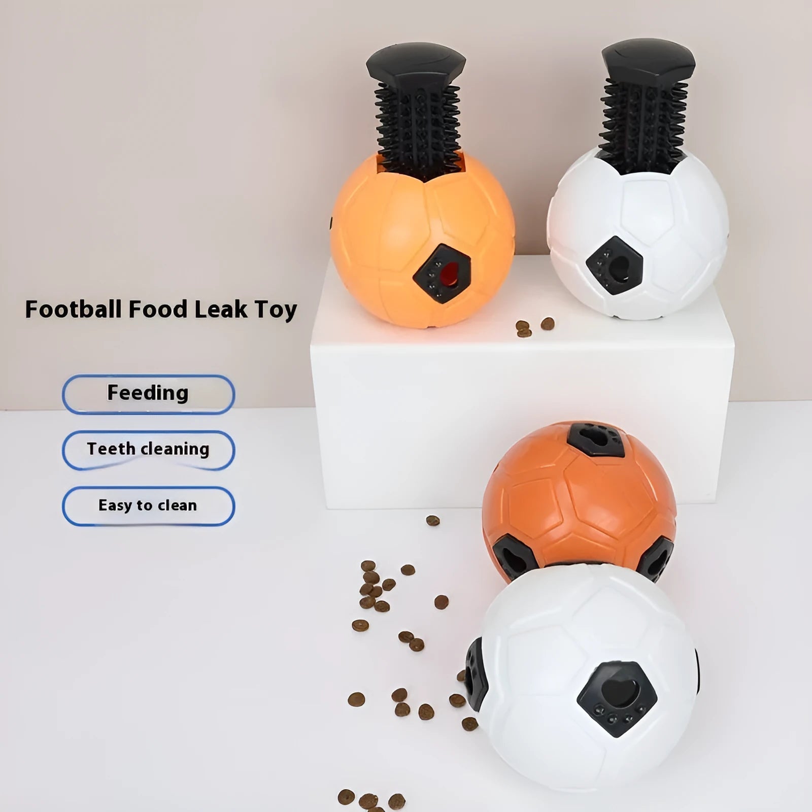 TPR dog toy ball with raised nibbling texture, shown in orange and white colour options