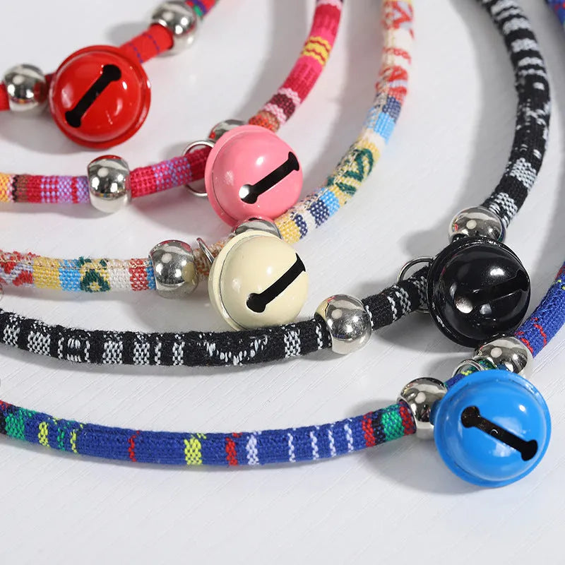 Ethnic style adjustable pet collar with bell in various colours for cats and small dogs