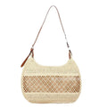 Women's khaki straw crossbody bag with a square shape and an external sandwich pocket.