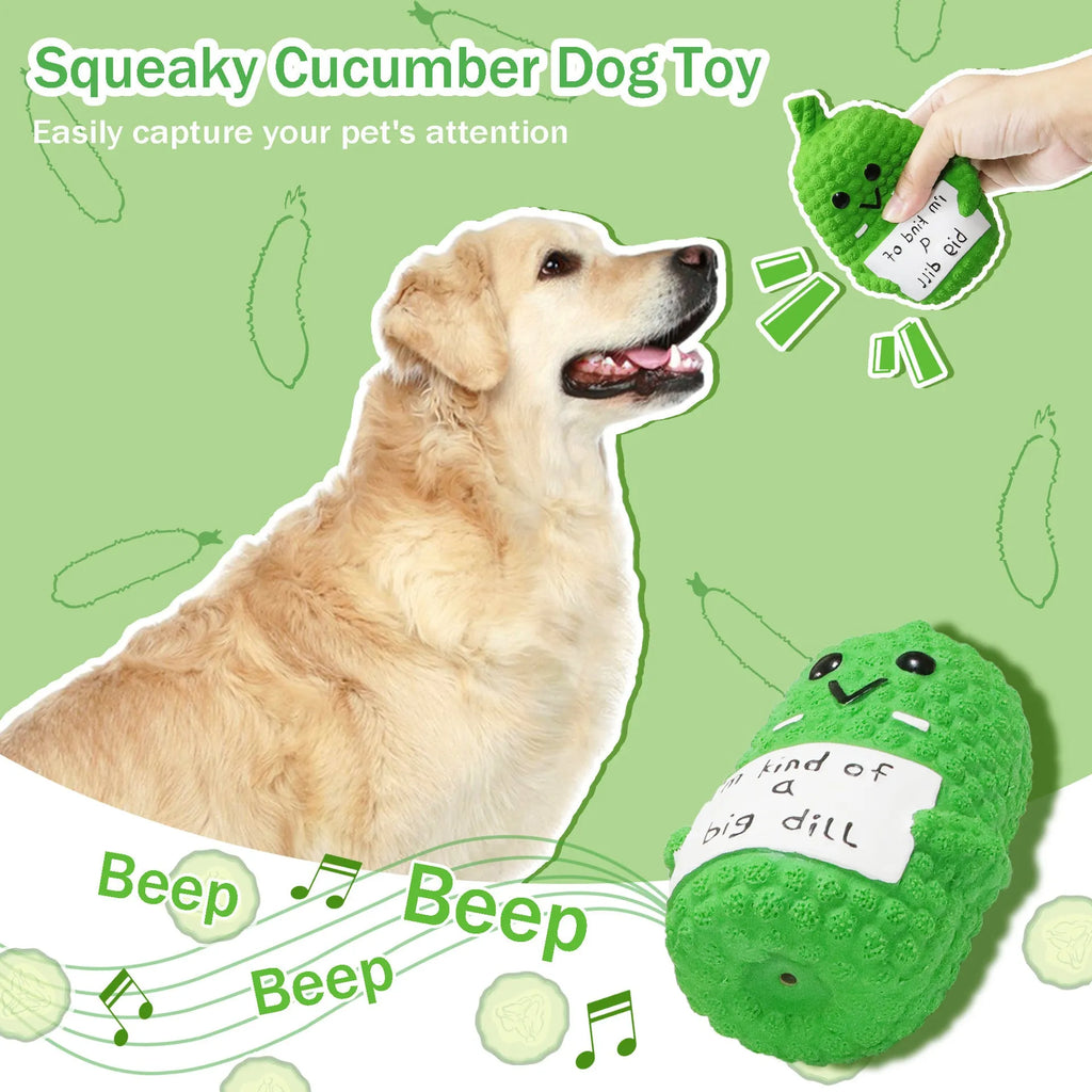 Green latex pickle-shaped dog chew toy with textured nubs and a squeaker.