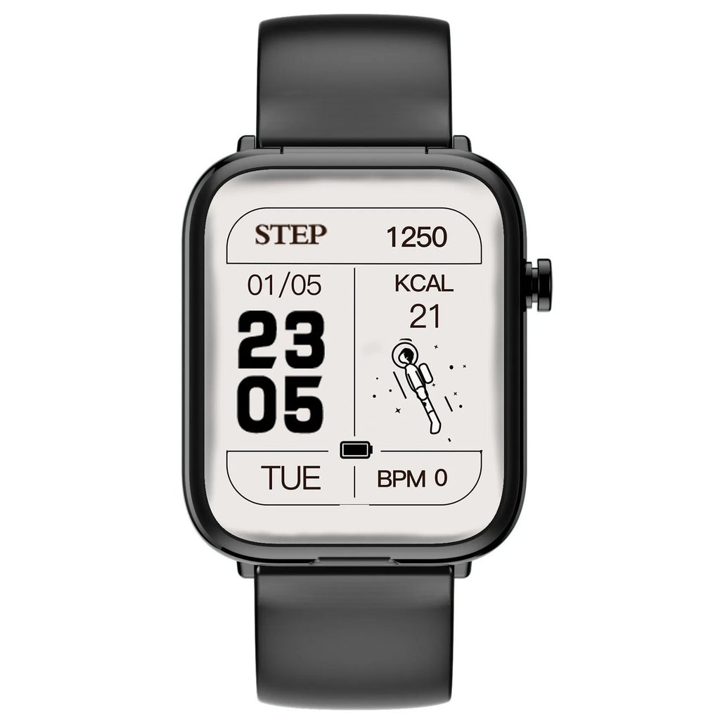 Black zinc alloy smartwatch with 1.69-inch touchscreen and wireless earpieces in charging case.