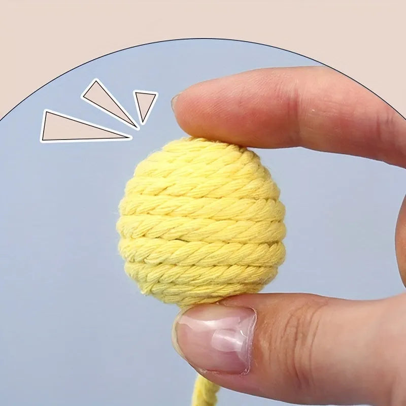 Cat toy ball with rope and built-in bell in multiple colours for kitten play