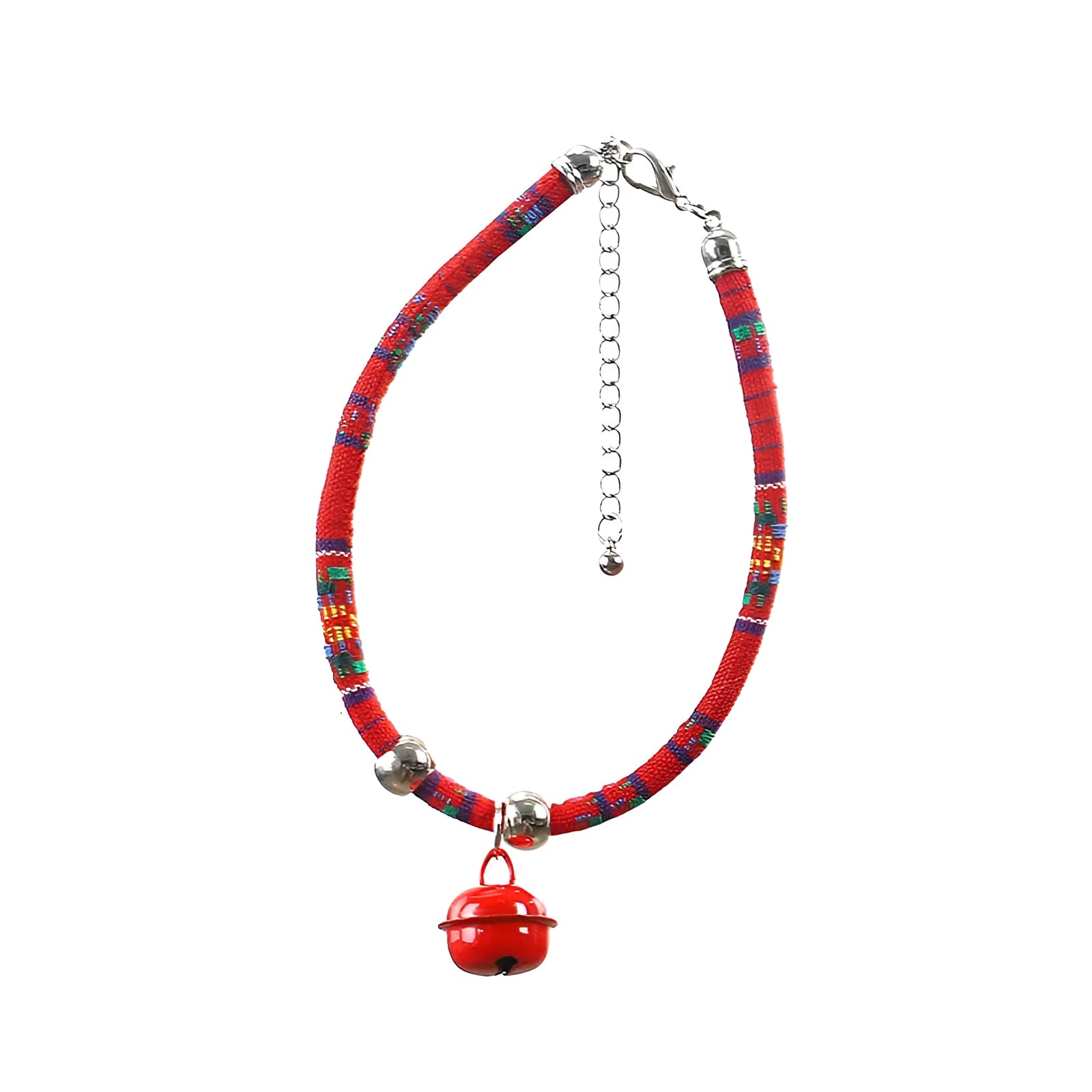 Ethnic style adjustable pet collar with bell in various colours for cats and small dogs
