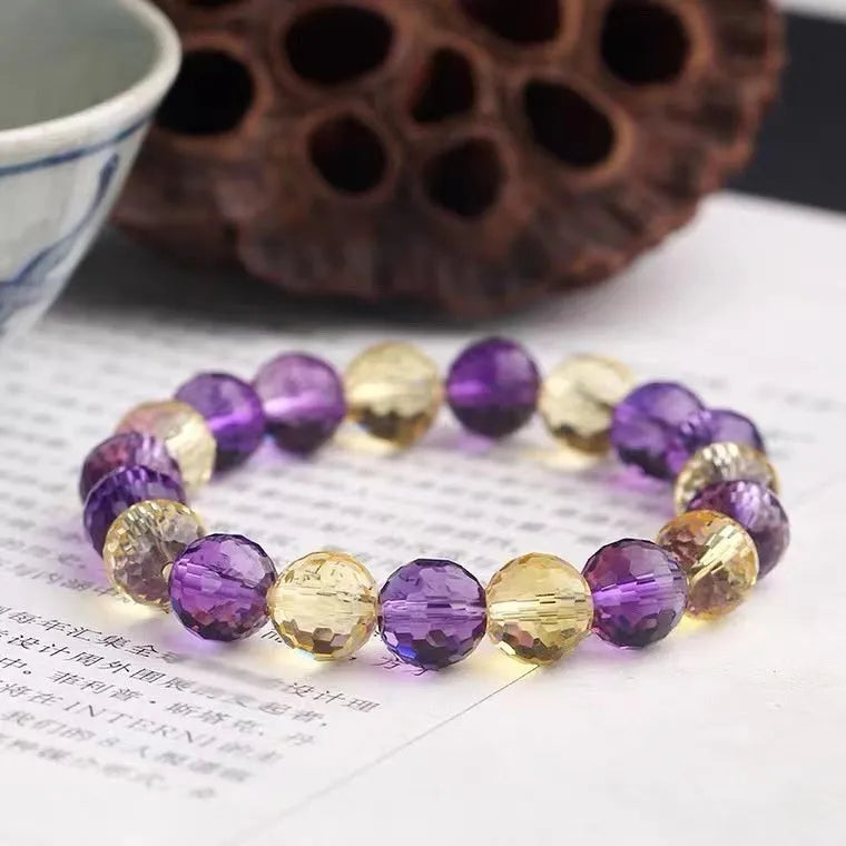 128-faceted crystal ametrine bracelet showing amethyst, ametrine, and citrine colour options with various bead sizes