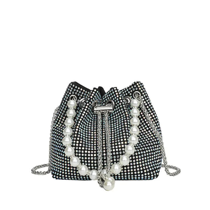 Diamond detailed PU leather crossbody bag with chain strap in bucket shape design