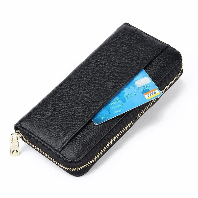 Long genuine leather women's wallet showing six colour options with anti-theft card swiping feature