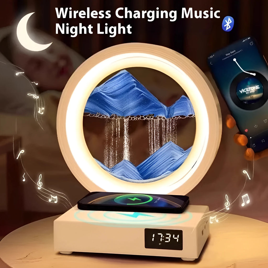 Creative quicksand painting clock night lamp with wireless charger and speaker, multiple colour options, white frame