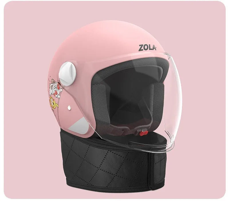 Winter electric bicycle helmet with anti-fog visor and attached scarf shown in blue colour option