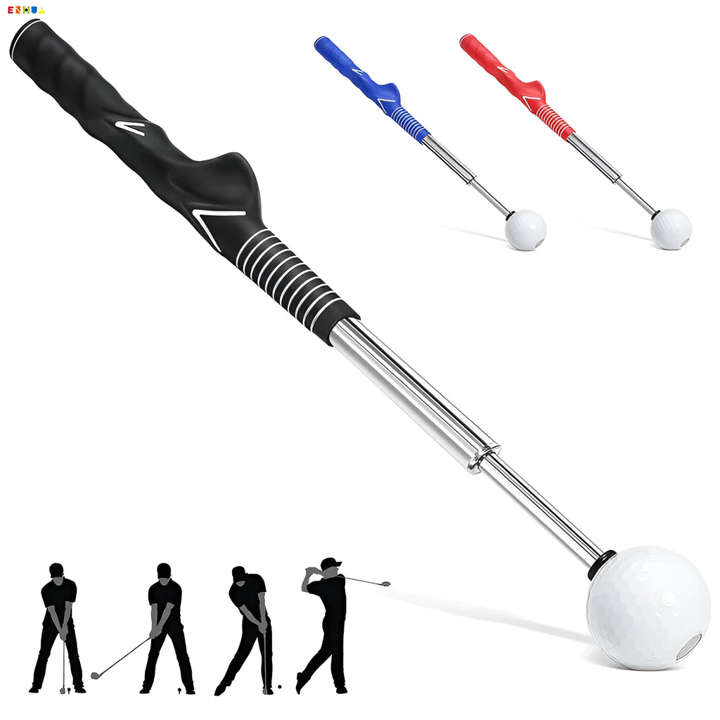 Telescopic golf swing simulator trainer in stainless steel, shown in black, blue, and red colour options.