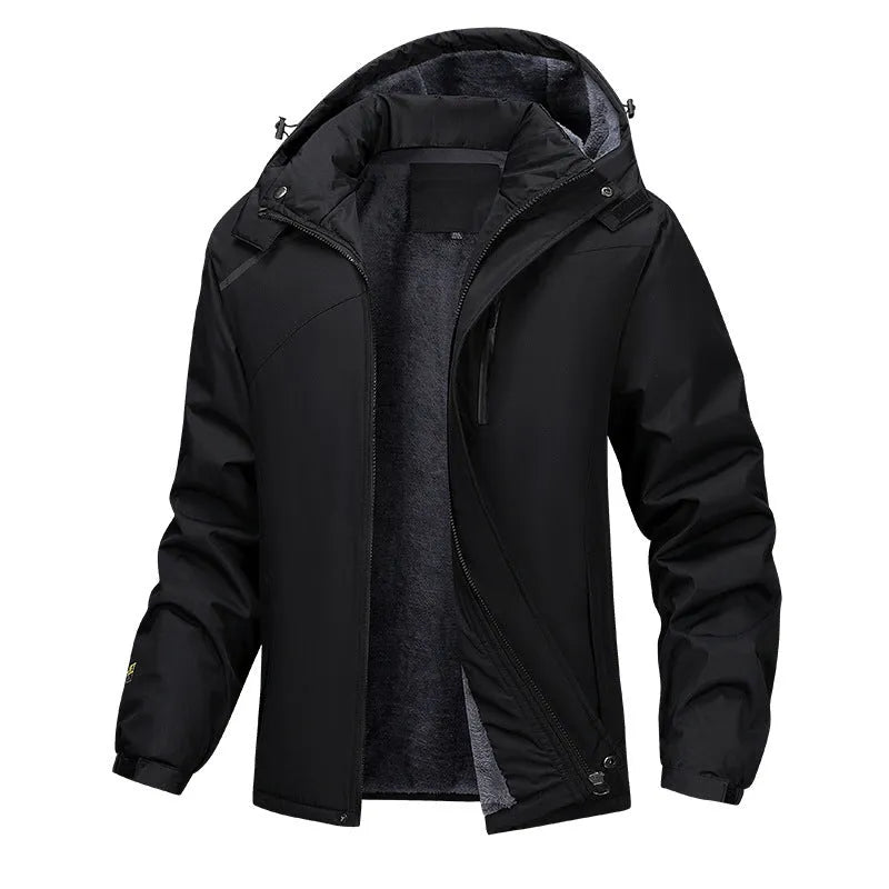 Plus size waterproof hooded coat for men in polyester, showing loose fit and hood design