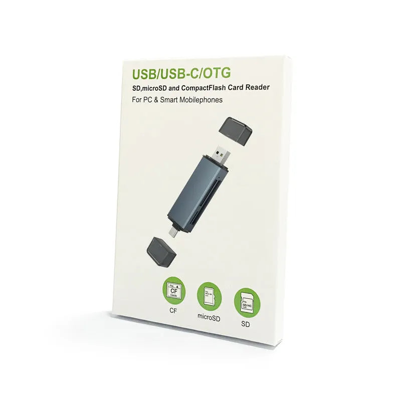 Aluminium CF SD TF three-in-one card reader with USB 2.0 interface and compact 9.2cm design