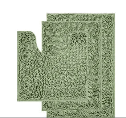 Chenille long hair three-piece bathroom carpet set with U-shaped toilet mat in green.