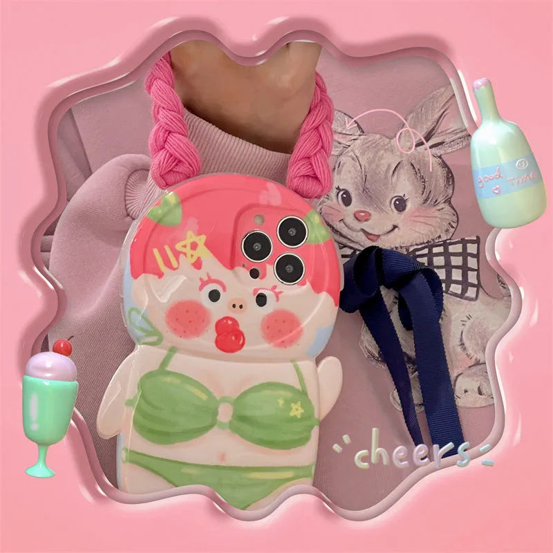 Pink and green silicone iPhone case with a cartoon girl in a swimsuit and braid design.