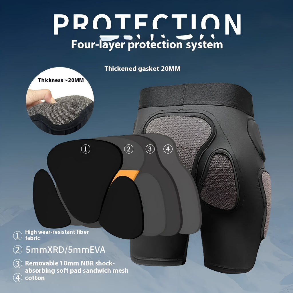 X-ray diffraction ski protective gear set showing slim hip pad and multi-layer knee pad for inner wear.