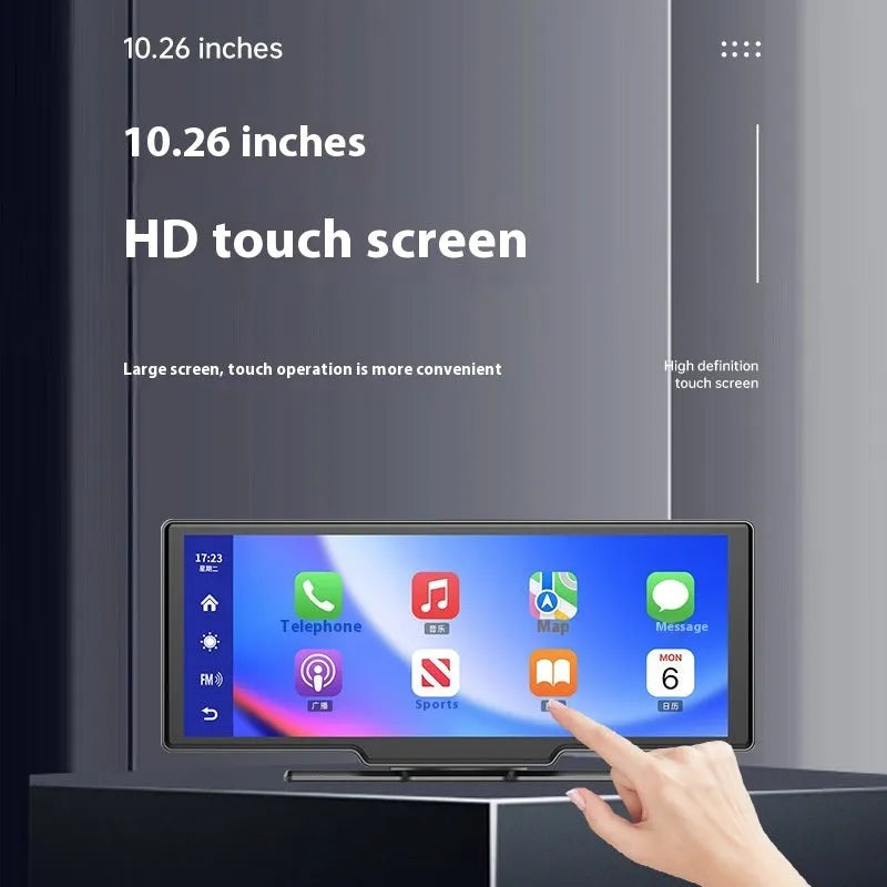 10 inch car smart touch screen display showing CarPlay interface and rear camera view