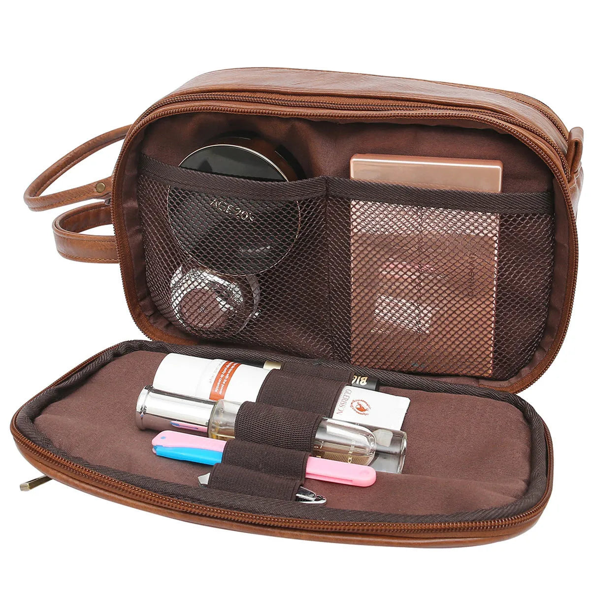 Black and brown solid colour men's PU toiletry bag for travel storage