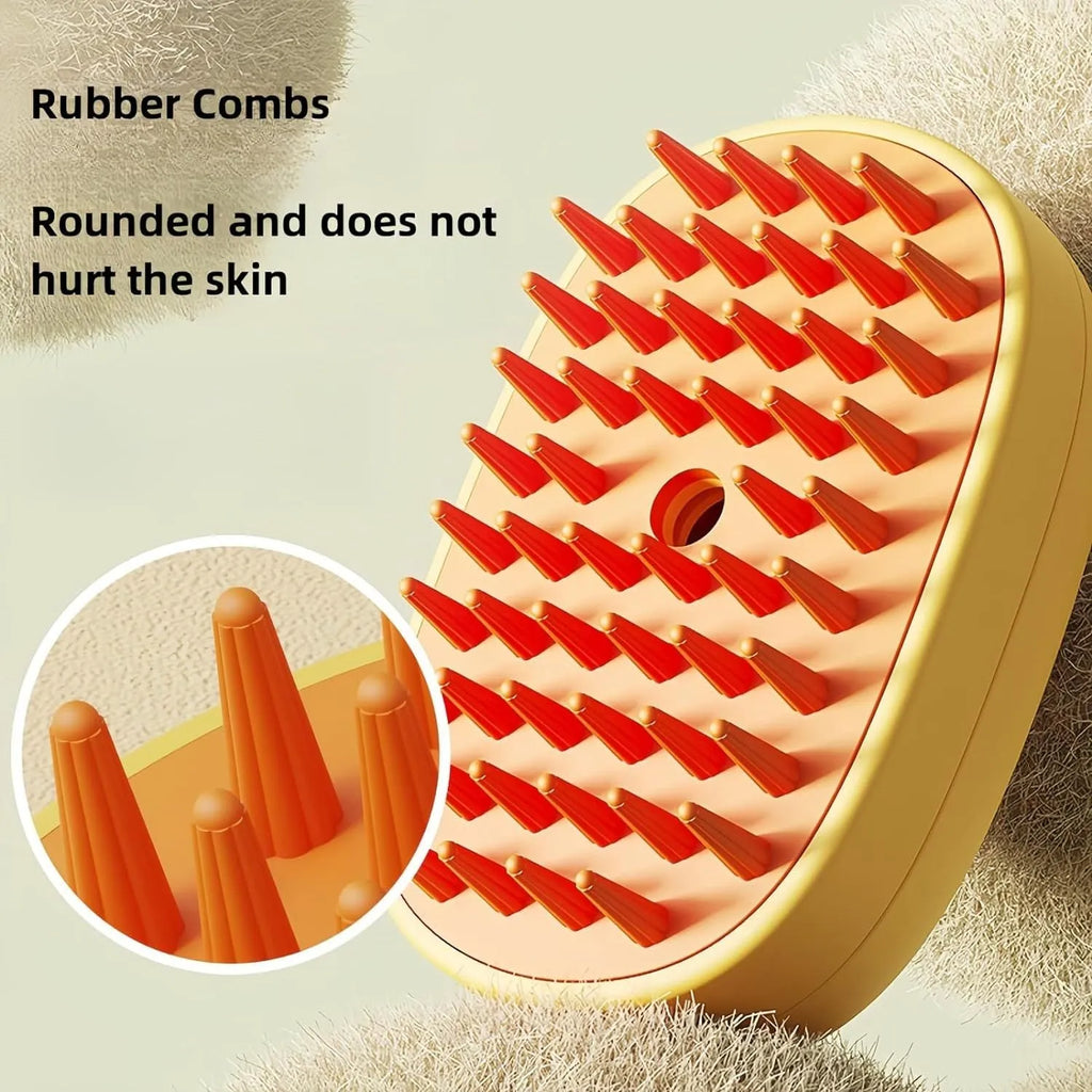 White silicone steam brush for pet grooming with rubber teeth and water tank.