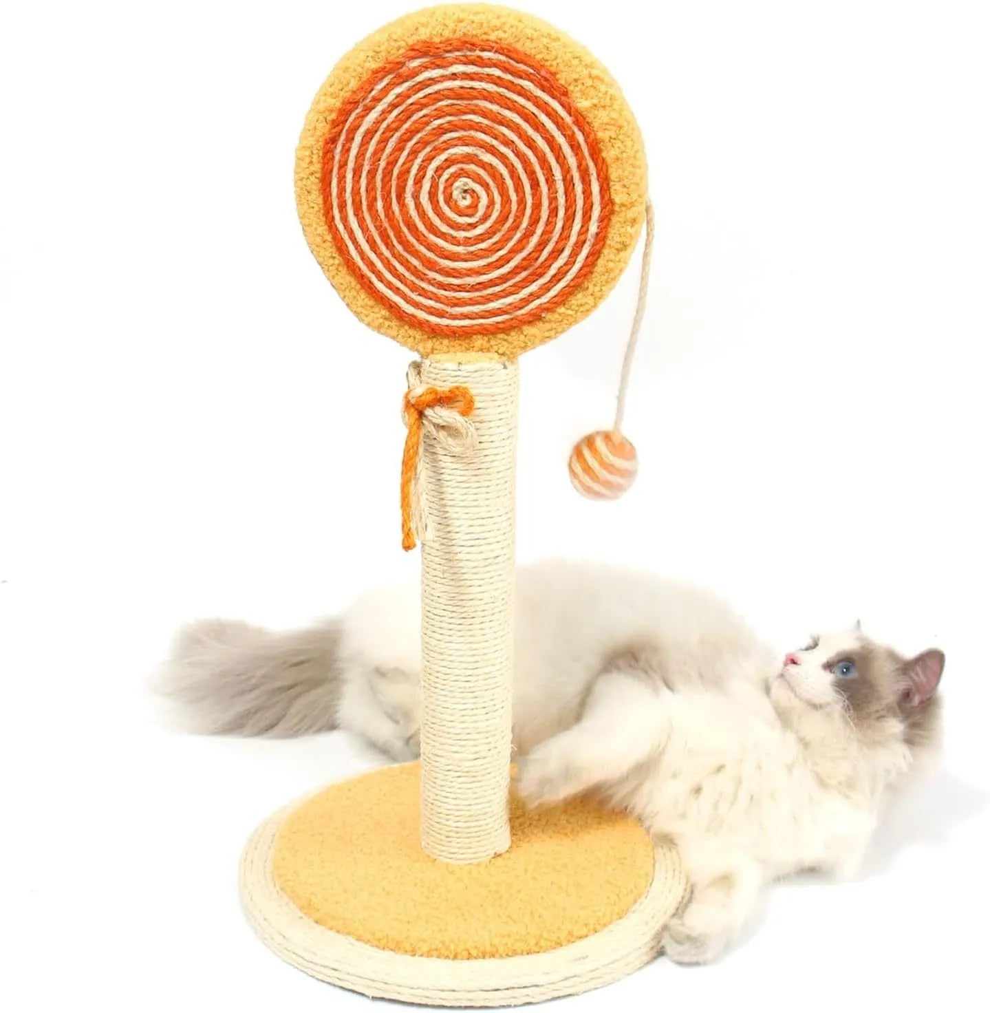 Blue cat scratching post with natural sisal rope and hanging ball on sturdy base
