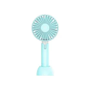 Blue handheld mini silent desktop USB electric fan with oscillating head on a desk