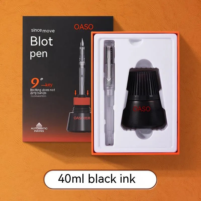 Student automatic suction pen set with plastic shell, 0.38mm and 0.5mm heads, ink feeder, and carrying handbag