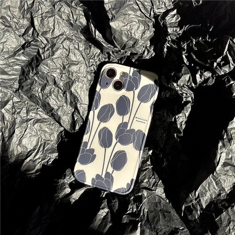 Black silicone iPhone case with tulip pattern design for multiple iPhone models