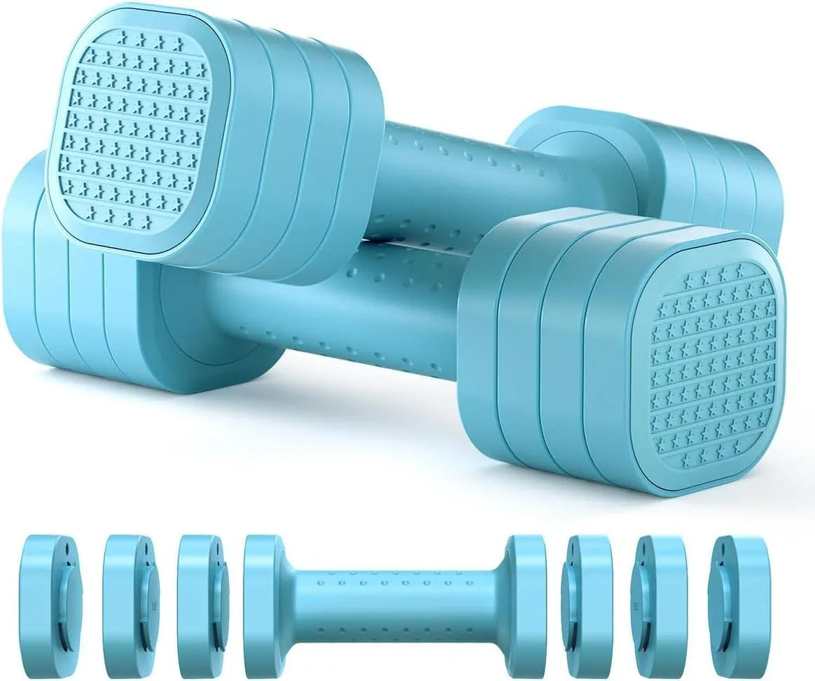 Detachable pink and blue 5lb dumbbell set for women's fitness training.